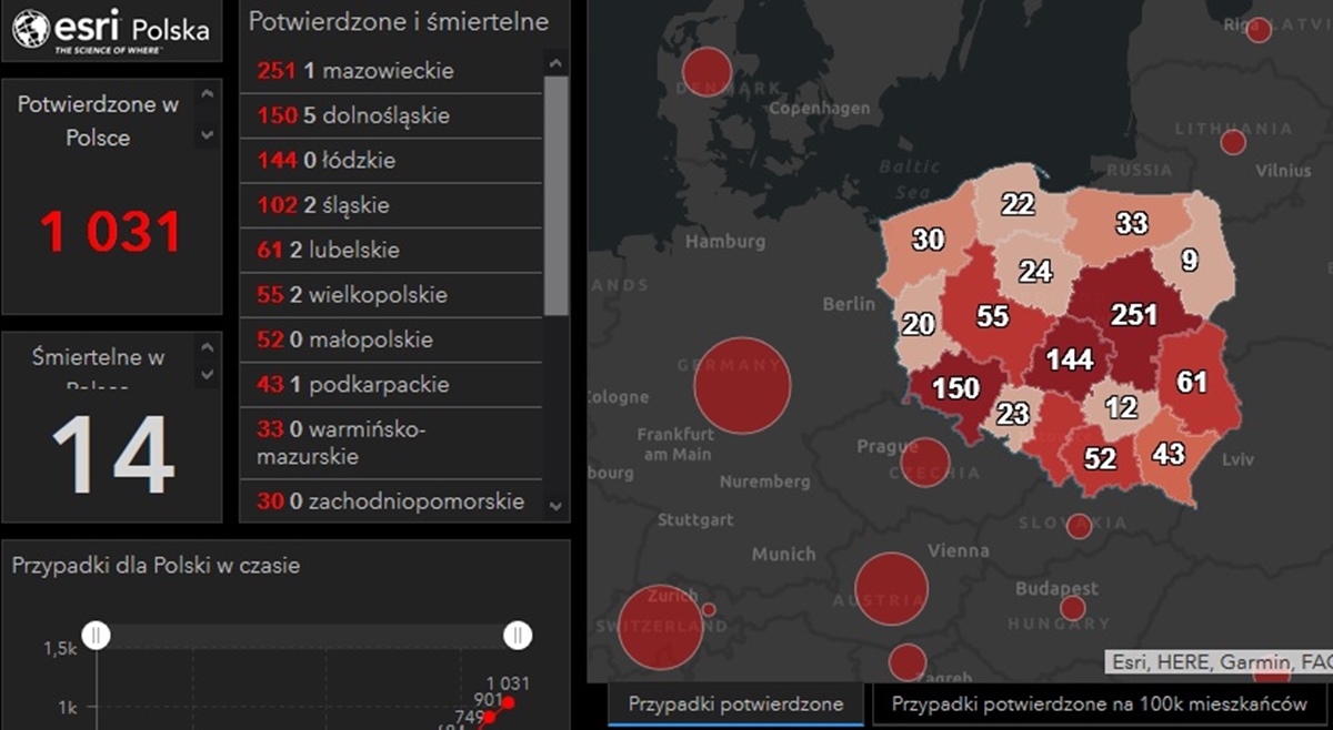 Mapa potwierdzonych przypadków w Polsce. Kliknij, aby zapoznać się ze statystykami.